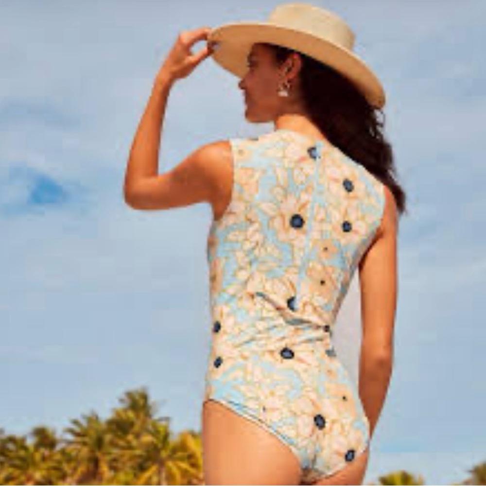 Coolibar Women’s One-Piece Swimsuit in Light Blue and Cream Floral